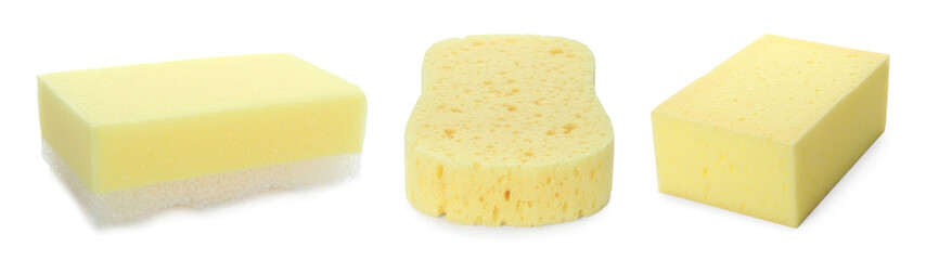 Different yellow sponges isolated on white, set
