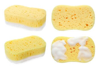 Yellow sponges isolated on white, top and side views