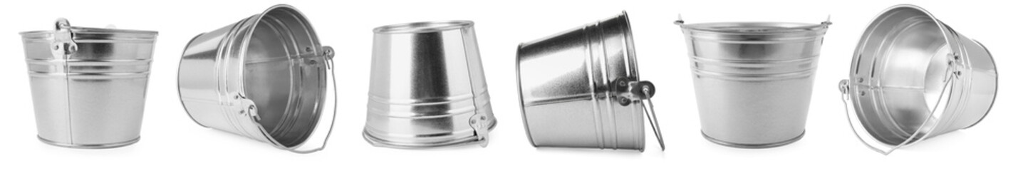 Shiny metal buckets isolated on white, set