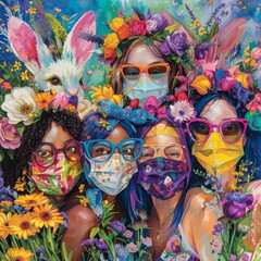 Obraz premium A Colorful Gathering of Friends Celebrating Easter While Adorned in Vibrantly Themed Face Masks Amidst a Spring Setting