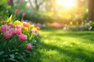 Rolgordijnen Lawn with pink and yellow tulips in spring garden. © Jminka