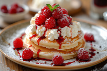 Pancakes with raspberries and cottage cheese.