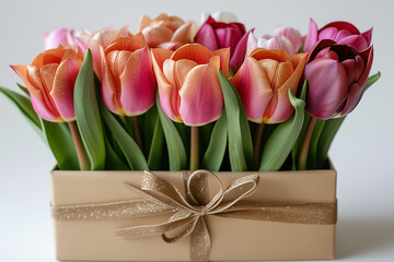 Pink tulips with golden glitter in gift box.