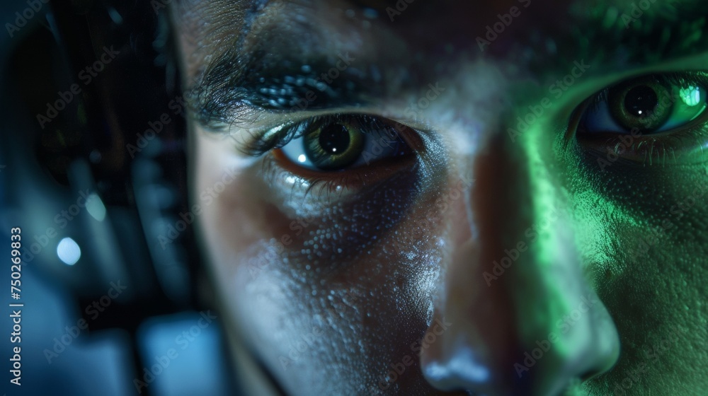 Poster a closeup of a gamers face completely immersed in the game with intense concentration and determinat