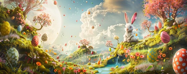 Fototapeta na wymiar A Whimsical Journey Through a Surreal Dream Landscape Filled with Easter Motifs and Enchanting Mysteries