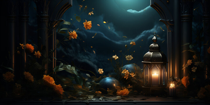3d Ramadan Moon And Lantern Fairy Forest At Night Fantasy Glowing Flowers And Lights Background