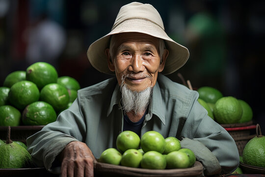 Exotic green fruits at Vietnamese market, elderly friendly trader selling goods, early morning