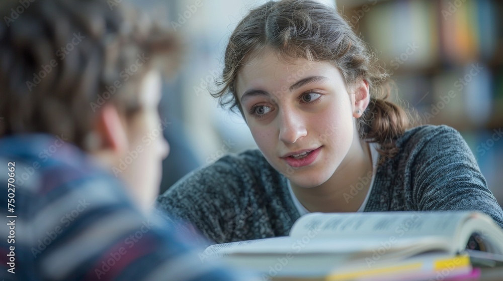 Aufkleber a side view of a teacher intently listening to a student sharing their thoughts and ideas during a o