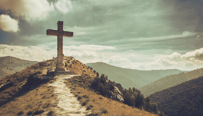 Cross on a hill, old, battered, ancient, crumbling - obrazy, fototapety, plakaty