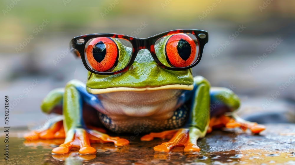 Poster charming tiny frog with eyeglasses posing in front of professional studio background