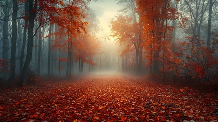 Fototapeten foggy forest path in autumn © Borel