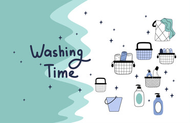 A hand-drawn Spring  banner with laundry detergent and towels in the style of doodles. Spring cleaning of the house. Vector linear illustration for background, poster, frame.