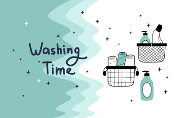 A hand-drawn Spring  banner with laundry detergent and towels in the style of doodles. Spring cleaning of the house. Vector linear illustration for background, poster, frame.