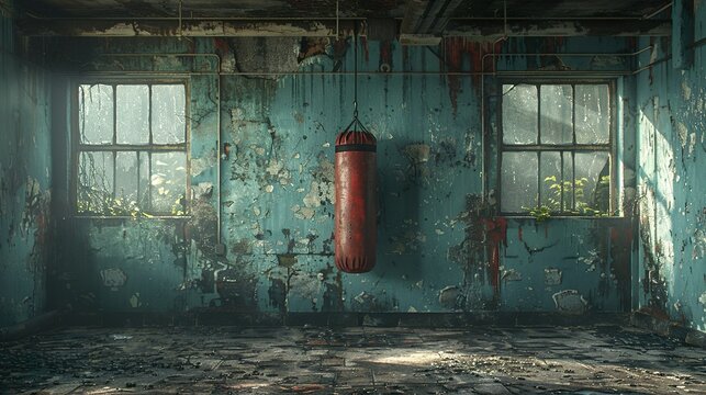 punching bag in shabby room