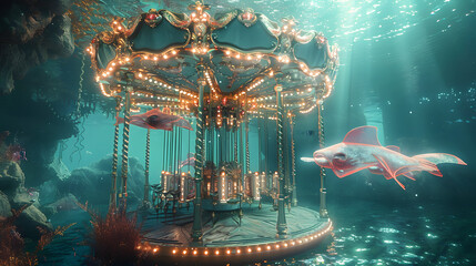 A merry-go-round underwater surrounded by fish and coral. - obrazy, fototapety, plakaty