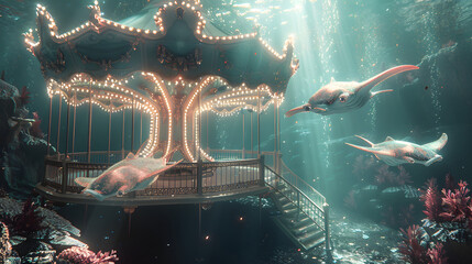 A merry-go-round underwater surrounded by fish and coral. - obrazy, fototapety, plakaty