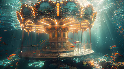 Obraz premium A merry-go-round underwater surrounded by fish and coral.
