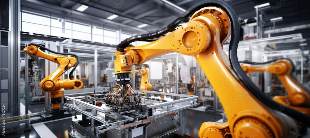 Poster advanced automated robotics assembly line for futuristic electric car production