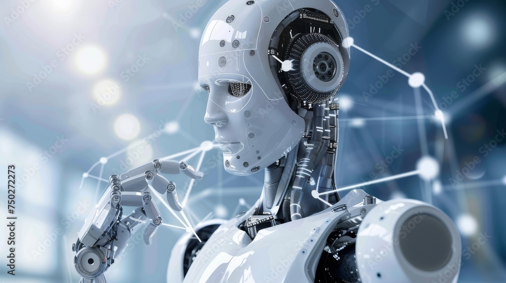 Poster futuristic white robot interacting with floating digital network connections, 3d rendering