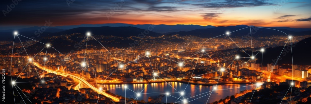 Poster Abstract modern cityscape backdrop for wireless network and connection technology concept