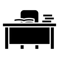 Desk with pile of books and chair, study desk glyph solid icon