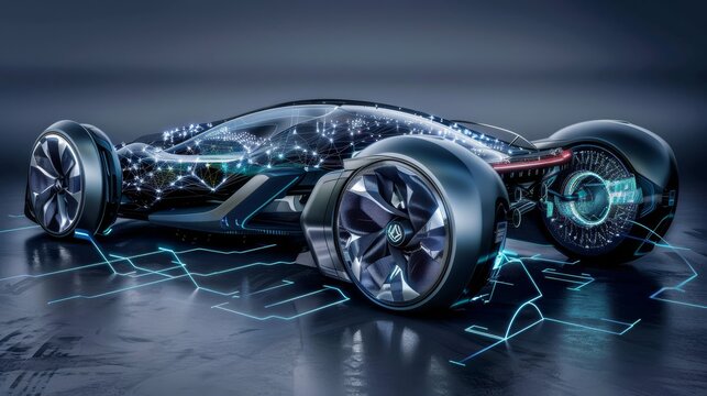 Futuristic electric black car on holographic wireframe digital technology background