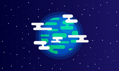 Flat design earth with space background, starry night. Planet earth, white cloud and green continent with blue sea.