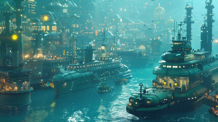 Deepsea exploration vessels depart from the citys port venturing into the unknown depths of the ocean.
