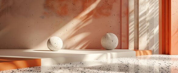 Terracotta-hued minimalist scene with speckled platforms and spheres, complemented by plant shadows for a natural, modern display.