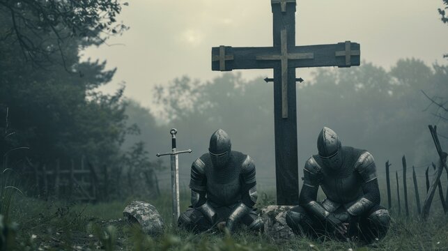Two Teutonic Knights kneel in prayer before a large wooden cross their helmets and swords laid at their feet.