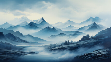 Misty Mountains Landscape illustration wallpaper banner background artwork