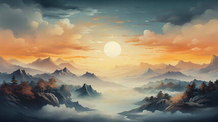 Fototapeta premium Fantasy fog Mountains Landscape illustration wallpaper banner background artwork