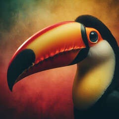 Studio Photo Portrait of an Eye-Catching Happy Colorful Exotic Tropical Toco Toucan Bird Ramphastos Sulfuratuswith, Large Keeled Beak Against Dull Yellow & Red Background Keel Billed Jungle Flight Zoo