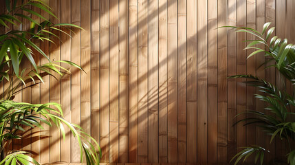 A wooden room with potted bamboo plants and a window.