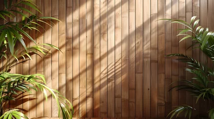 Gordijnen A wooden room with potted bamboo plants and a window. © wing