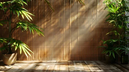  A wooden room with potted bamboo plants and a window. © wing