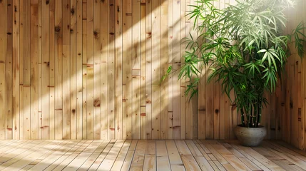 Zelfklevend Fotobehang A wooden room with potted bamboo plants and a window. © wing