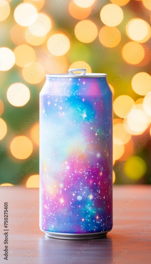 Poster aluminum soda can mockup on abstract background with text space, ideal for branding and ads.