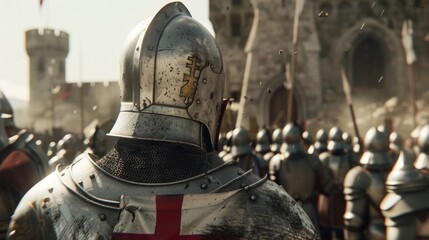A young page watches in awe as a group of Teutonic Knights return victorious from battle their armor shining in the sun.