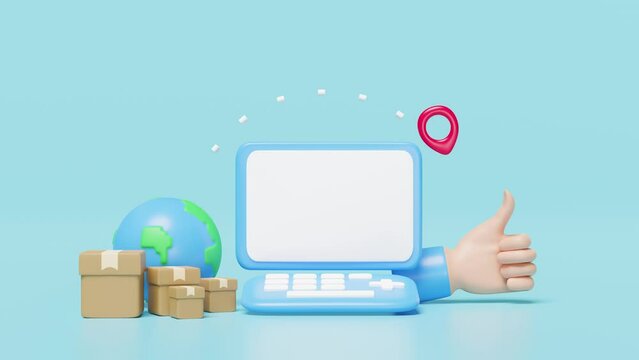 laptop computer with thumbs up, goods cardboard box fly, globe, pin isolated on blue background. express delivery route, worldwide shipping concept, 3d illustration render, alpha channel