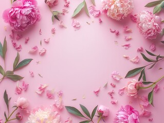 Tender peonies on pink background with copy space.