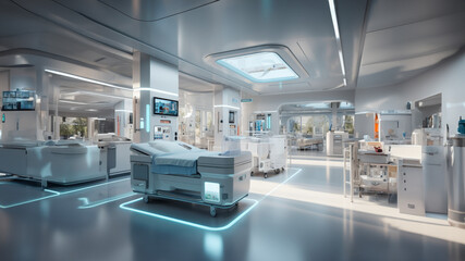 Naklejka na ściany i meble The heart of the room: a high-tech surgical table, a canvas for intricate medical artistry. Overhead, surgical lights cast an intense, focused glow, 