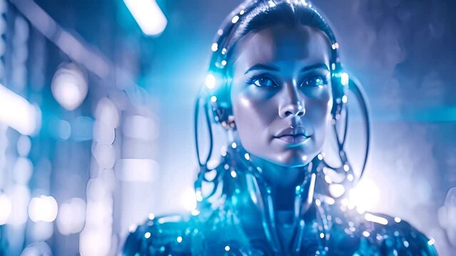 Woman Cyborg With Headphones Generative AI
