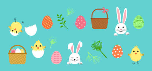 Easter cute icon, cartoon rabbit and egg hunt, spring basket, chick with shell, happy bunny. Holiday set on green background. Vector illustration © Sylfida
