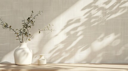 Elegant Nordic Table Display with Sunlight and Leaf Shadows for Product Showcasing