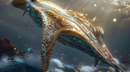 A manta ray is adorned with gold and turquoise jewels, swimming gracefully in the deep sea. The sun...