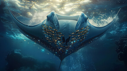 A manta ray is adorned with gold and turquoise jewels, swimming gracefully in the deep sea. The sun shines on the 
 back. - obrazy, fototapety, plakaty