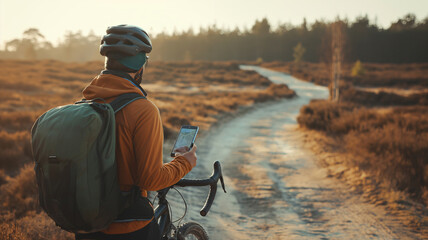 shot of cycle tourists in bike helmets, discussing a map