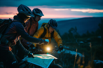 shot of cycle tourists in bike helmets, discussing a map