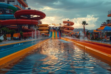 Fototapeta na wymiar A vibrant scene with a series of colorful water slides winding down into a pool framed by palm trees at sunset